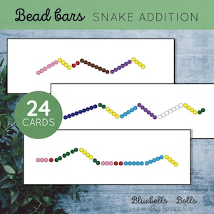 Perles Montessori Cartes d'addition serpent. Mathématiques pour la maternelle et la 1re année à imprimer.