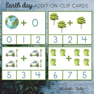 May include: Four Earth Day themed addition clip cards with images of a globe, trees, electric cars, and recycling bins. Each card has a simple addition problem with numbers 0-7. The answers are provided in boxes below each problem.