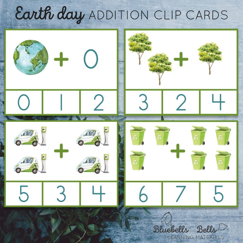 May include: Four Earth Day themed addition clip cards with images of a globe, trees, electric cars, and recycling bins. Each card has a simple addition problem with numbers 0-7. The answers are provided in boxes below each problem.