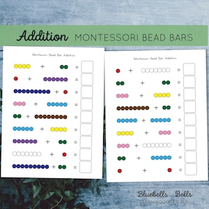 Montessori bead bars Addition to 10 Worksheets. Montessori kindergarten math printable.