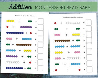 Montessori bead bars Addition to 10 Worksheets. Montessori kindergarten math printable.