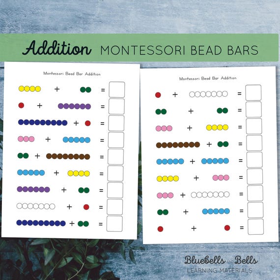 Montessori bead bars Addition to 10 Worksheets. Montessori kindergarten math printable.