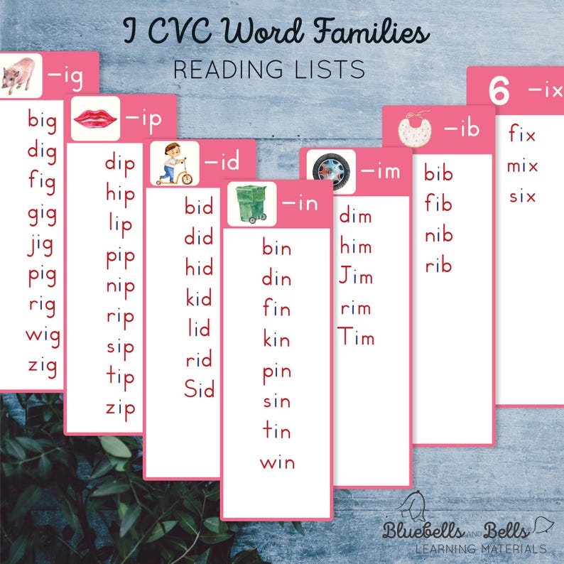 May include: A set of pink and white flashcards with the title "I CVC Word Families Reading Lists". Each card features a different CVC word family, such as "-ig", "-ip", "-id", "-in", "-ib", and "-ix". The cards are arranged in a row and each card has a picture at the top.