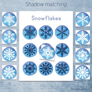 Cartões de harmonização da sombra do floco de neve. Inverno Montessori para impressão.