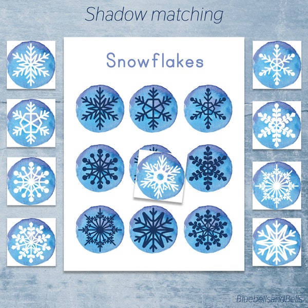 Snowflake shadow matching cards. Montessori winter printable.