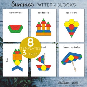 Summer pattern blocks templates. Summer printable preschool and kindergarten activity.