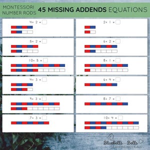 Montessori number rods Addition printable. Missing addend equation worksheets. Subtraction to ten 1st grade and Kindergarten math printable. image 3