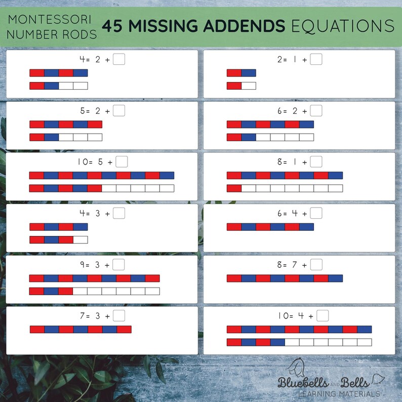Montessori number rods Addition printable. Missing addend equation worksheets. Subtraction to ten 1st grade and Kindergarten math printable. image 3