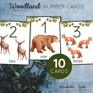 Cartes-éclair numérotées d'animaux des bois 1-10. Cartes de comptage Nature 1-10. Cartes imprimables d'art mural pour chambre d'enfant.