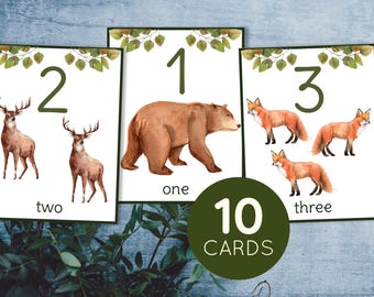 Woodland animals number flashcards 1-10. Nature counting cards 1-10. Printable nursery wall art cards.