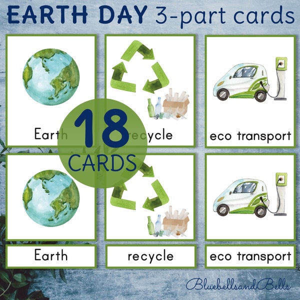 Earth Day Montessori 3 part cards. Ecology vocabulary cards. Preschool and Kindergarten pre-reading printable.