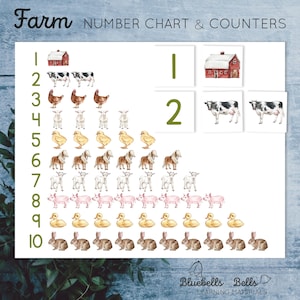 Zahlentabelle 1-10 zum ausdrucken. Bauernhof Tier Montessori Mathezähler. Kleinkind Zahlenposter und Zählkarten.