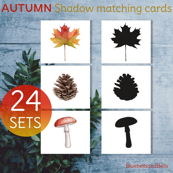 Autumn shadow matching Montessori printable. Fall nature activity preschool printable. Montessori matching cards toddler printable.