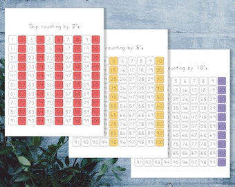 Tablas y hojas de trabajo para contar de a dos. Actividad imprimible de matemáticas para jardín de infantes y primer grado.