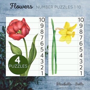 Flower number puzzles 1-10. Montessori spring printable. Preschool flower activity.