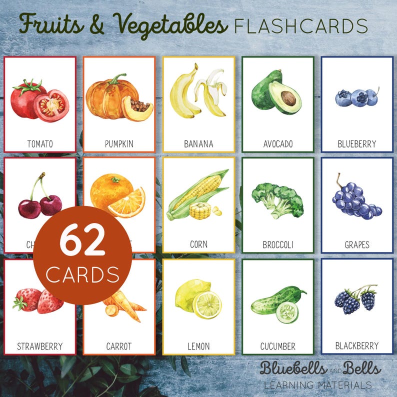 May include: A set of 62 colorful flashcards featuring illustrations of fruits and vegetables. The cards are arranged in a grid with the names of each fruit or vegetable printed below the image. The text "Fruits & Vegetables FLASHCARDS" is printed at the top of the image.