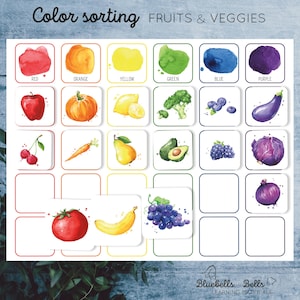 Actividad imprimible de combinación de colores de frutas y verduras. Actividad de clasificación para niños pequeños. Juego de combinación de colores para preescolar.