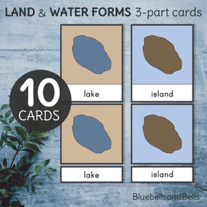 Tarjetas de 3 partes de Formas de Tierra y Agua. Geografía Montessori imprimible.