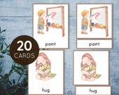 Action Verb 3-part cards. Montessori printable for preschool, kindergarten 1st grade.