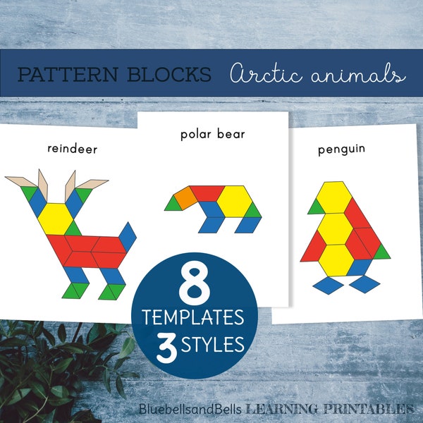 Arctic animals pattern blocks templates. Antarctic animals shape matching printable activity.