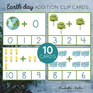 May include: Ten Earth Day themed addition clip cards with watercolor illustrations of a globe, trees, light bulbs, and solar panels. Each card has a simple addition problem with answer choices.