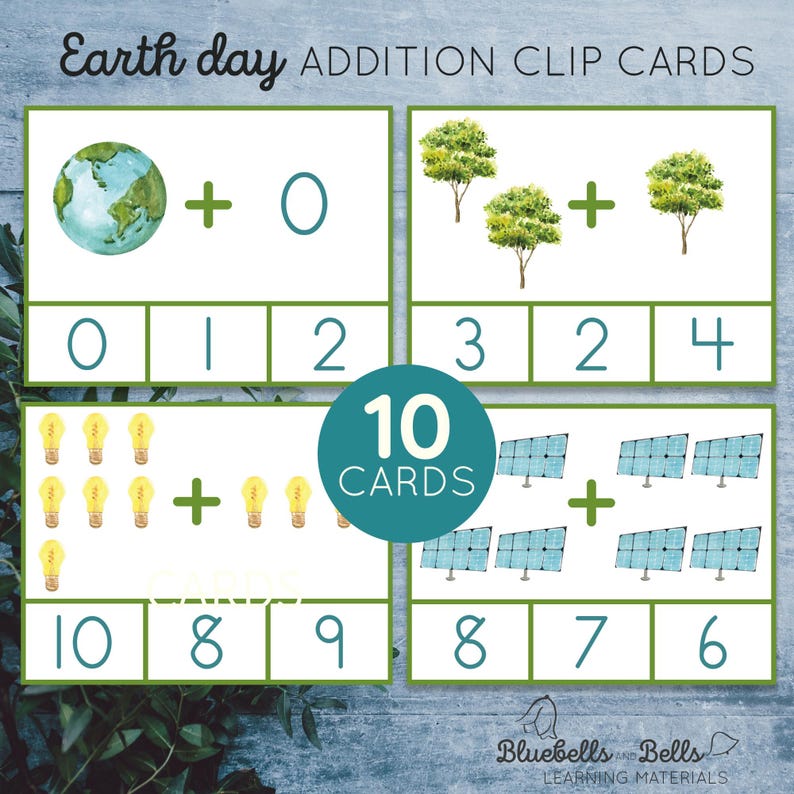May include: Ten Earth Day themed addition clip cards with watercolor illustrations of a globe, trees, light bulbs, and solar panels. Each card has a simple addition problem with answer choices.