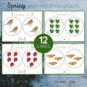 Frühling Montessori Multiplikationsgruppen Faktenkarten und Aufgabenkarten. Kindergarten Mathe Aktivität.