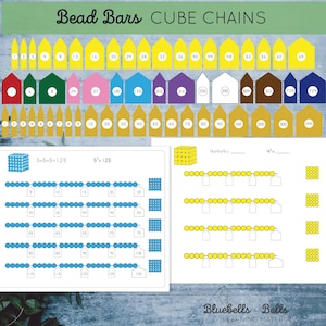 May include: Educational materials featuring "Bead Bars" and "Cube Chains" for math lessons. Includes colorful illustrations of bead arrangements, number lines, and multiplication problems. The image also contains the text "Bluebells and Bells Learning Materials."