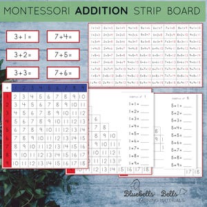 Tableau à bandes d'addition Montessori imprimable, graphiques, brochures, feuillets d'équations, feuilles de calcul. Activité mathématique pour la maternelle et la 1re année.