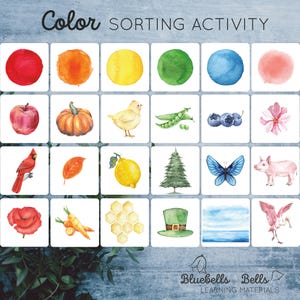 Atividade imprimível de classificação de cores para pré-escola. Cartões Montessori de aquarela para crianças pequenas.