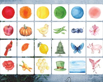 Color sorting preschool printable activity. Toddler watercolor Montessori cards.