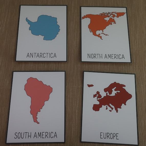 Continents Flash Cards and World Map. Montessori Printable for