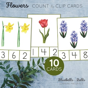 Tarjetas imprimibles para contar y recortar con flores para preescolar del 1 al 10. Actividad de matemáticas de primavera Montessori.