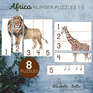 Savanna animals puzzle Number sequence 1-5. Toddler printable activity.