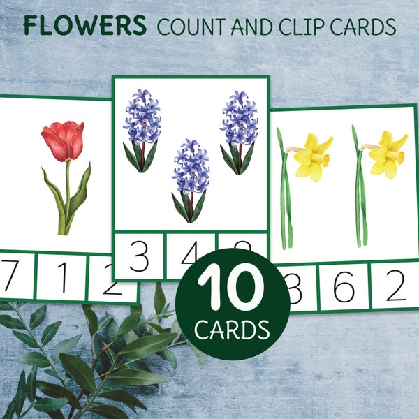 Flower preschool printable count and clip cards 1-10. Montessori spring math activity.