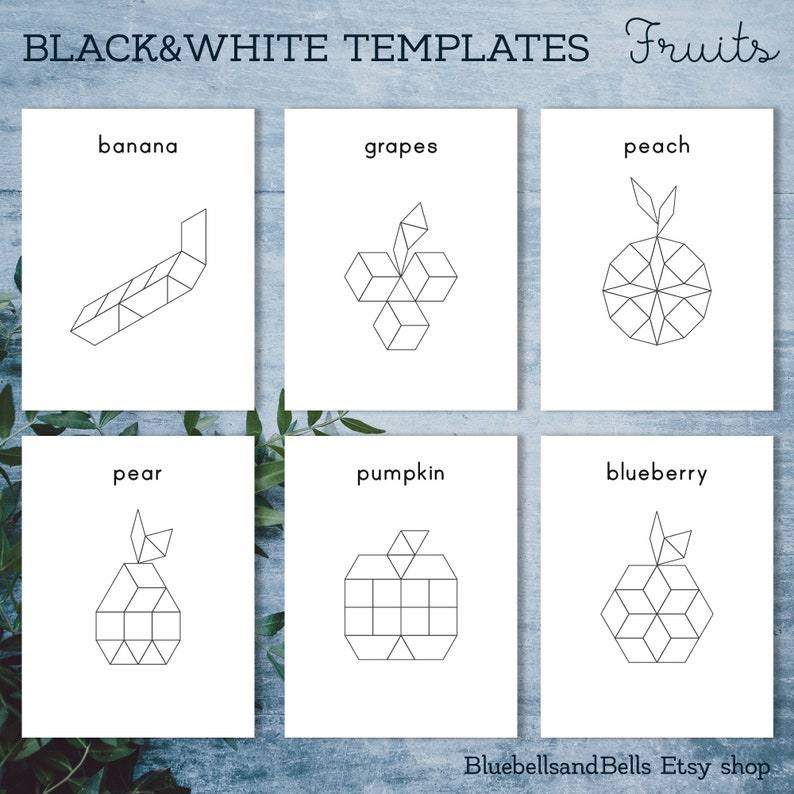 May include: Black and white geometric illustrations of fruits, including a banana, grapes, peach, pear, pumpkin, and blueberry. The illustrations are simple and modern, with a minimalist style.