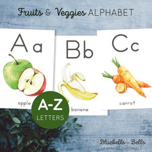 Alfabetkaarten Groenten en Fruit. Afdrukbaar geluid voor peuters en kleuters.