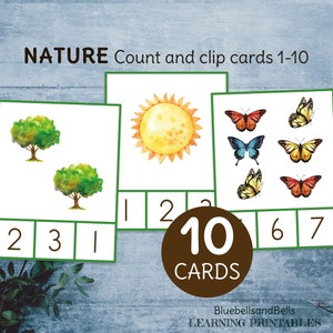 Nature Comptez et découpez les cartes 1-10. Activité imprimable de maths préscolaires.