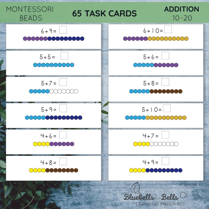 Montessori Beads Addition 10 -20. Addition With Carry Printable Cards ...