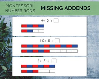 Montessori number rods Addition printable. Missing addend equation worksheets. Subtraction to ten 1st grade and Kindergarten math printable.
