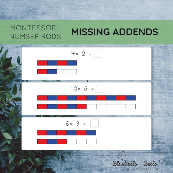 Montessori number rods Addition printable. Missing addend equation worksheets. Subtraction to ten 1st grade and Kindergarten math printable.