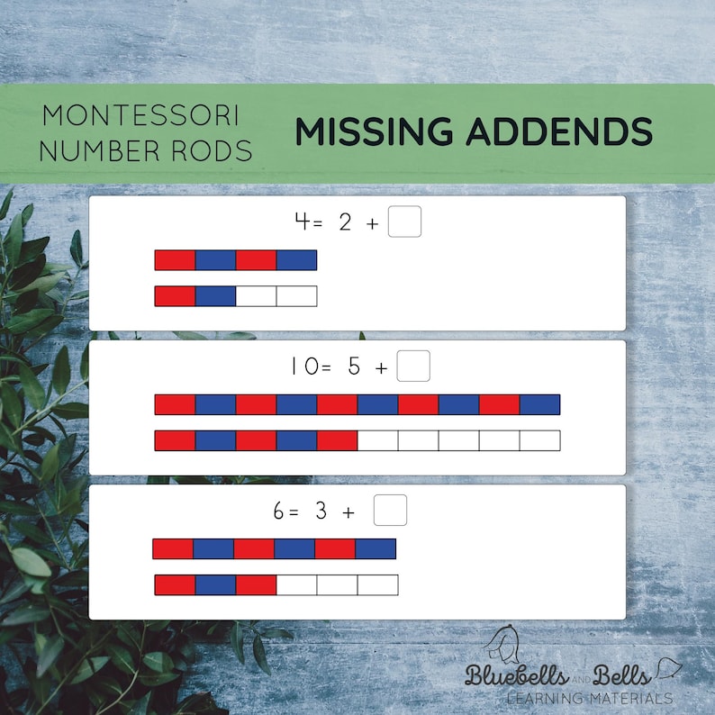 Montessori number rods Addition printable. Missing addend equation worksheets. Subtraction to ten 1st grade and Kindergarten math printable. image 1