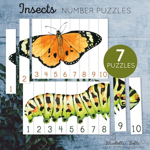 Afdrukbaar voor kleuterschool insecten Nummerreekspuzzels 1-10. Montessori zomer wiskunde afdrukbaar.