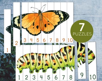 Insect preschool printable Number sequence puzzles 1-10. Montessori summer math printable.