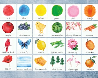 Color sorting preschool printable activity. Toddler watercolor Montessori cards.