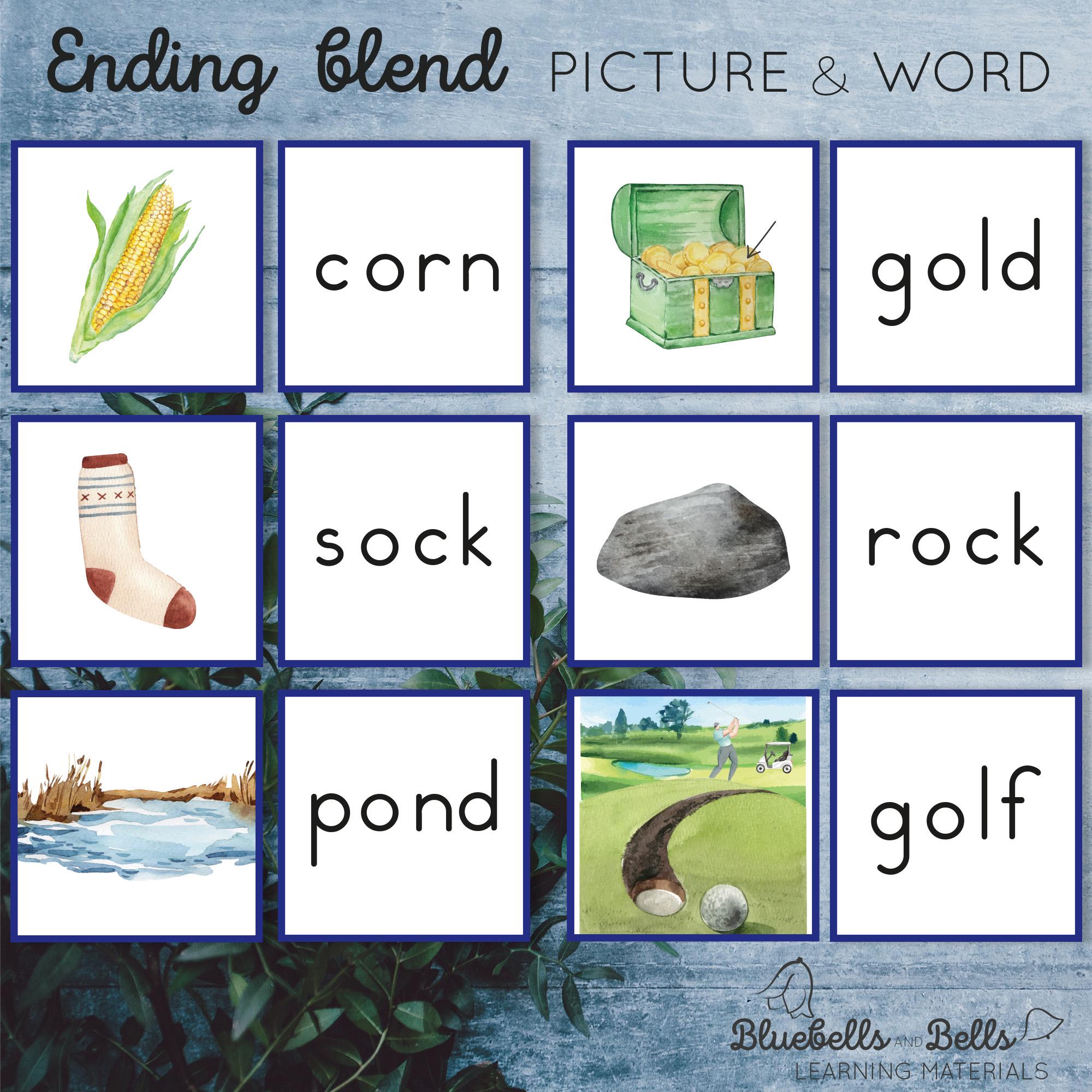 Ending Blend Cards Word and Picture Matching. Montessori Blue Series ...