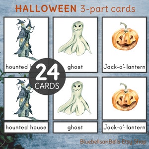 Cartes imprimables Halloween Montessori en 3 parties. Cartes de vocabulaire d'automne pour la maternelle et la maternelle.
