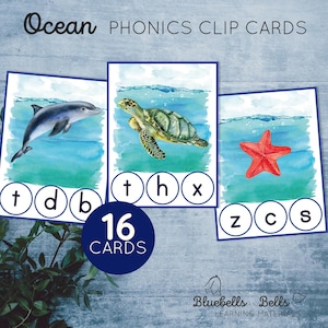 Cartões de clipe de fonética para impressão de animais do oceano. Atividade de som inicial. Cartões de som inicial para impressão de pré-escola Montessori.