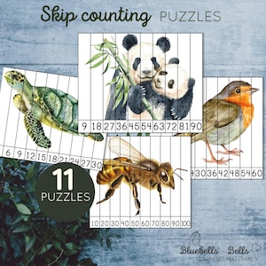 Skip counting puzzles numbers 2-12. Montessori math printable.