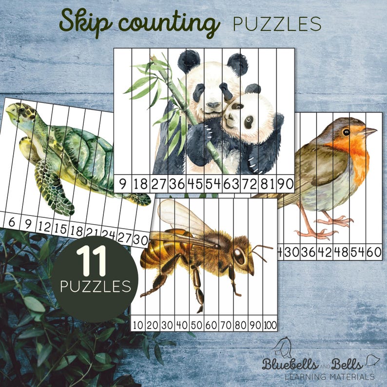 Skip counting puzzles numbers 2-12. Montessori math printable. image 1